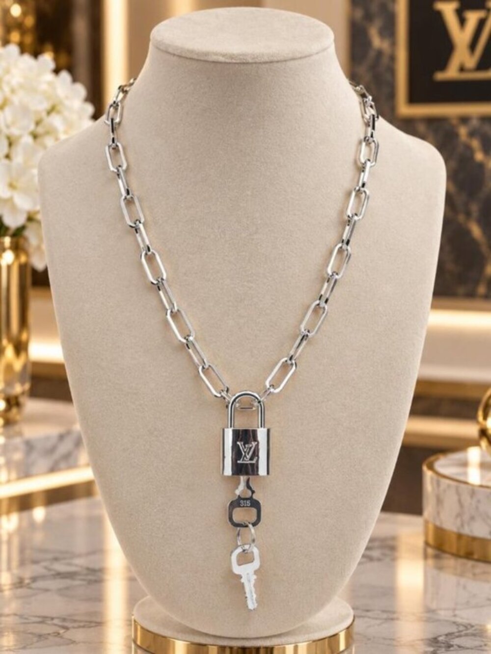 Stainless Steel Silver-Plated Necklace with Authentic Louis Vuitton Padlock